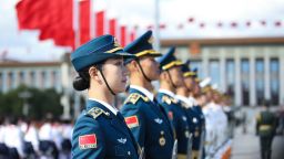 BEIJING, CHINA - SEPTEMBER 30: Members of a military honour guard  before a ceremony at Tiananmen Square, on the eve of National Day on September 30, 2018 in Beijing, China. On October 1, 1949, Chinese leader Mao Zedong stood at the Tiananmen Rostrum to declare the founding of the People's Republic of China.  (Photo by Lintao Zhang/Getty Images)