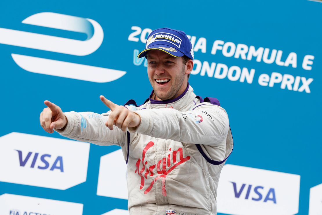 Sam Bird celebrates winning the London ePrix in June 2015.