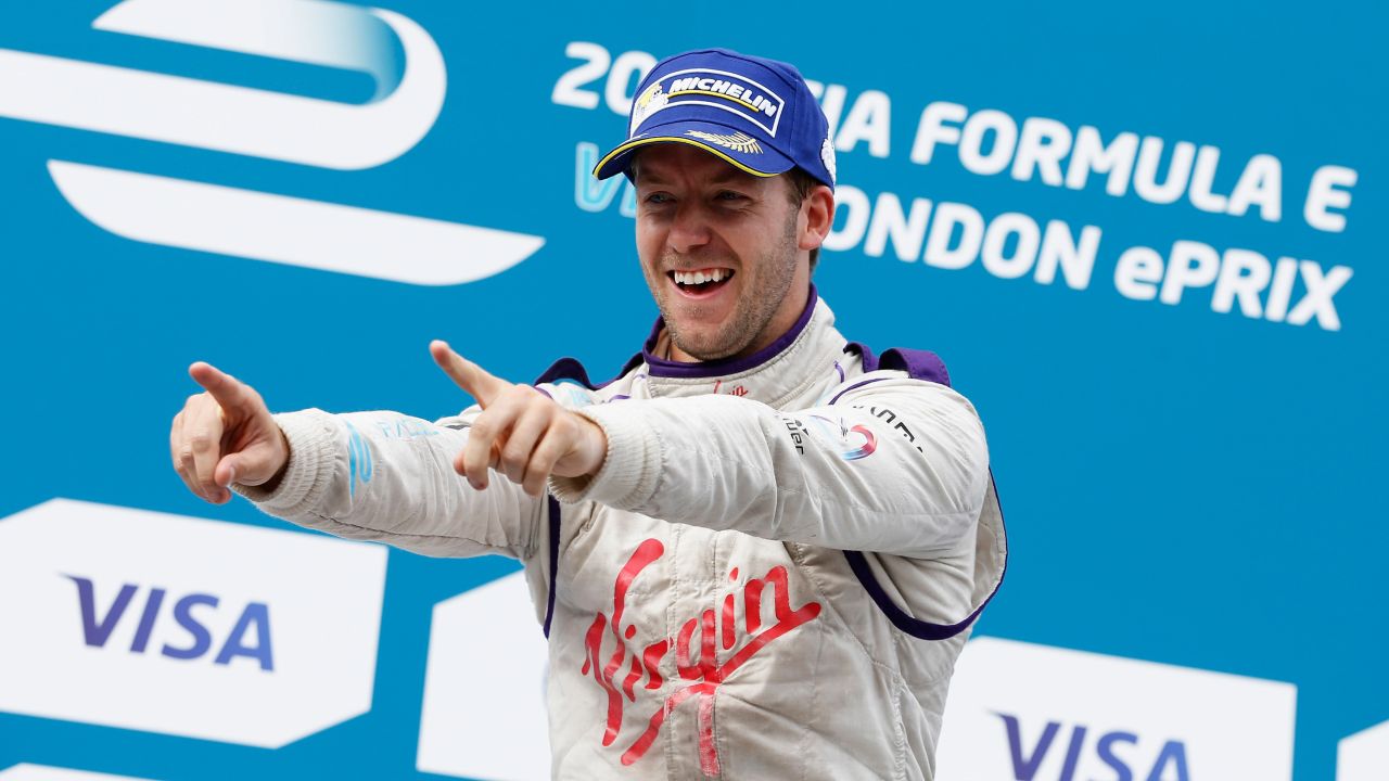 Sam Bird celebrates winning the London ePrix in June 2015.