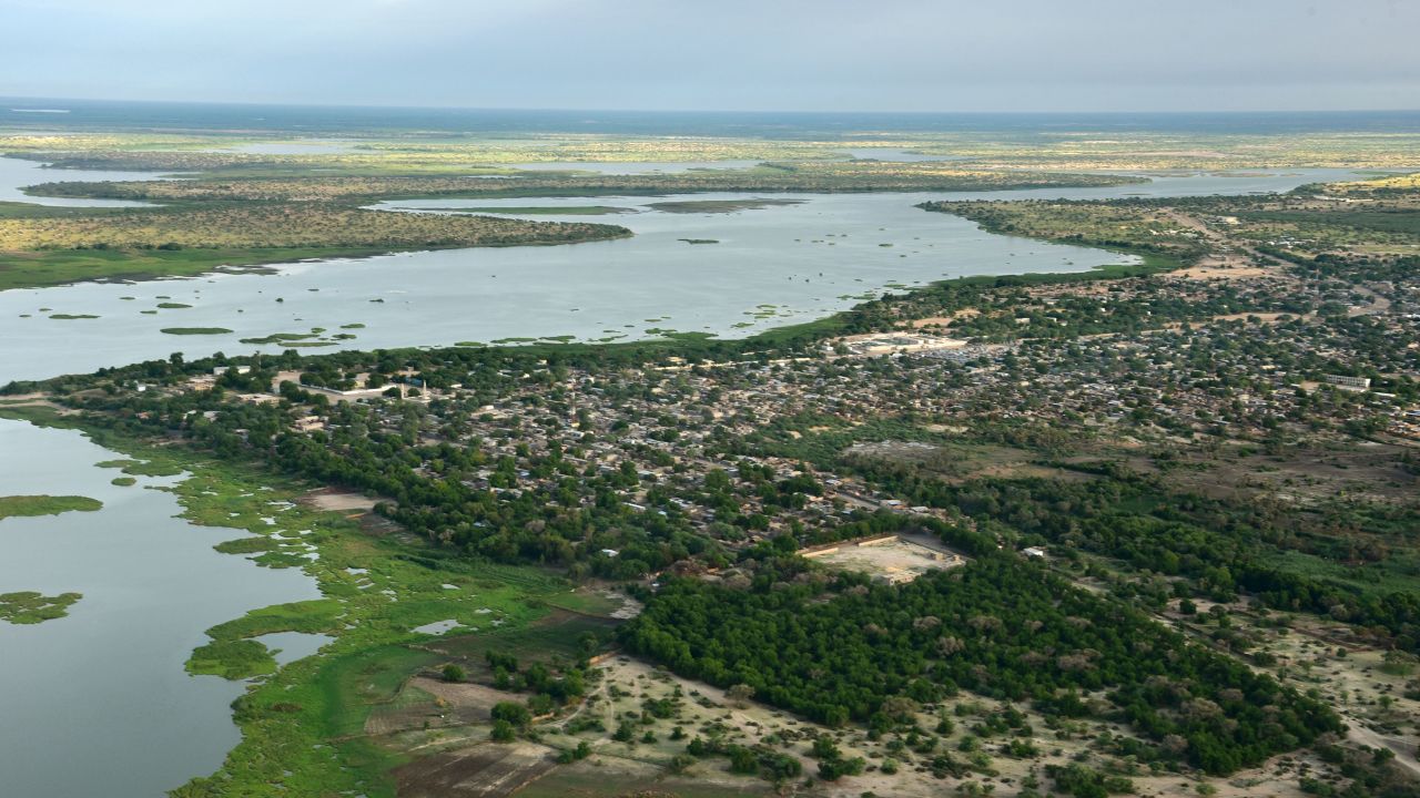 This aerial picture taken on July 16, 2016 shows Lake Chad in Africa's Sahel region. The lake's water supply has shrunk by over 90% since the 1960s.
