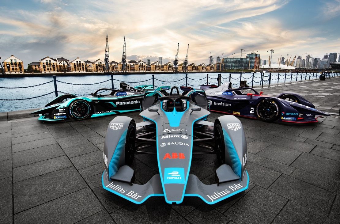 Formula E cars are pictured by the river Thames