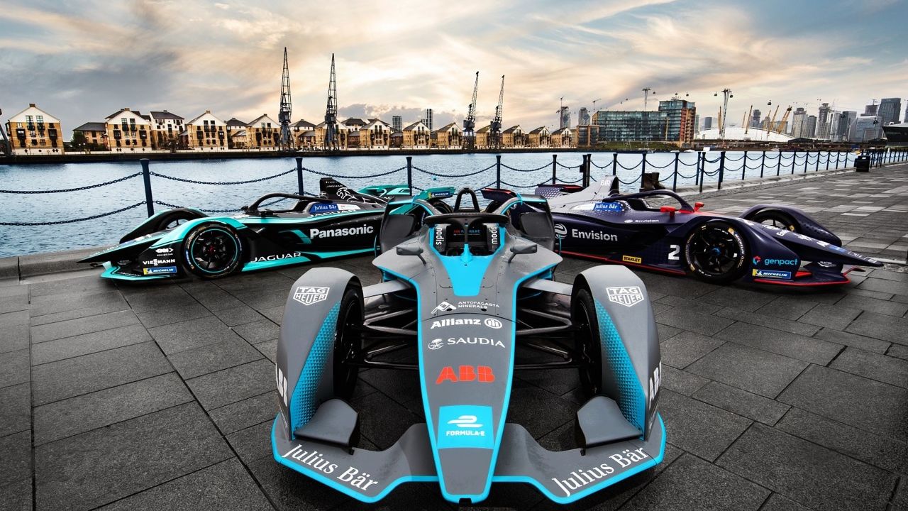 Formula E cars are pictured by the river Thames