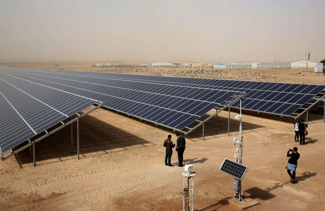 A general view shows a solar plant at the Zaatari refugee camp in Jordan on November 13, 2017. 