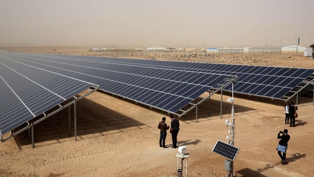 A general view shows a solar plant at the Zaatari refugee camp in Jordan on November 13, 2017. 
