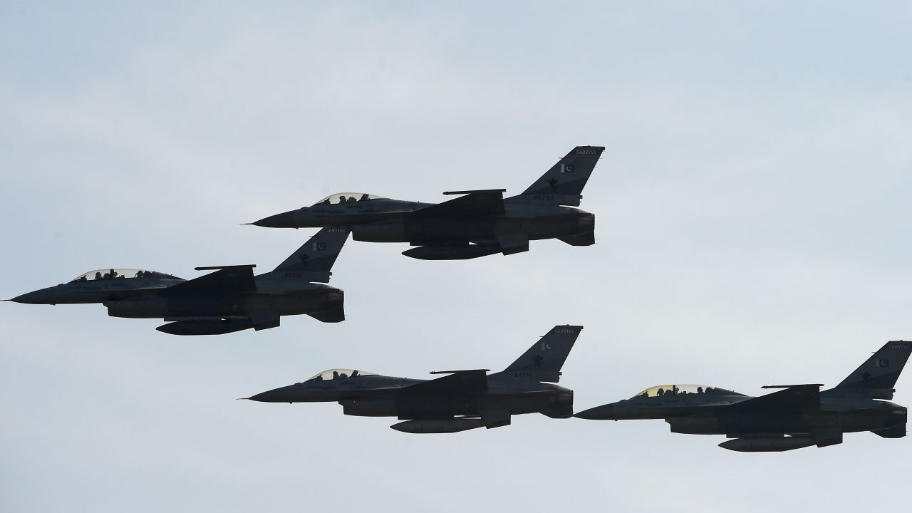 Pakistani F-16 fighter jets fly past during a Pakistan Day military parade in Islamabad on March 23, 2017.