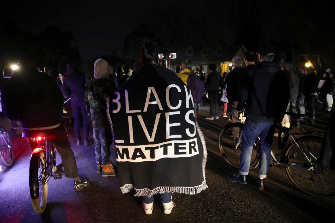 Black Lives Matter protesters march through the streets on March 4, 2019 in a demonstration  against the decision by Sacramento's District Attorney to not charge the police officers who shot and killed Stephon Clark last year.