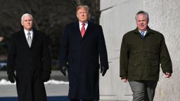 US President Donald Trump, Vice President Mike Pence (L) and acting Interior Secretary David Bernhardt visit the Martin Luther King Jr. Memorial in Washington, DC on January 21, 2019 on Martin Luther King Day. 