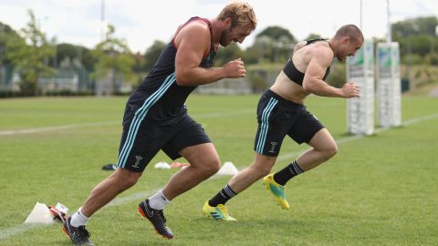 Chris Robshaw and teammate Mike Brown hard at work at Harlequins' training ground in Guildford, UK
