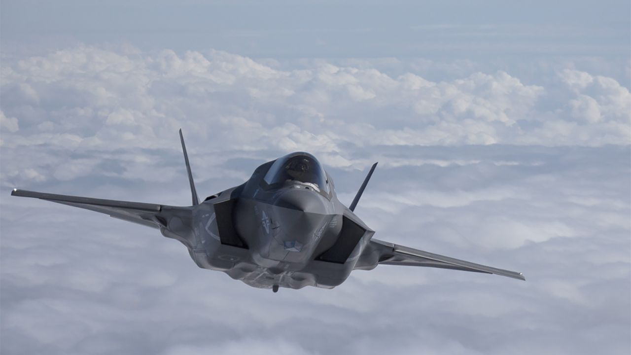 A US Marine Corps F-35B flies  above the East China Sea, Oct. 23, 2018.