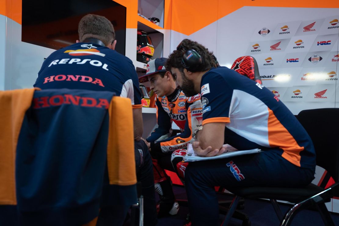 Marc Marquez (center) during Moto GP testing in Qatar.