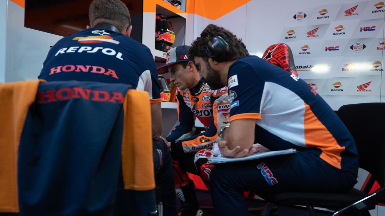 Marc Marquez (center) during Moto GP testing in Qatar.