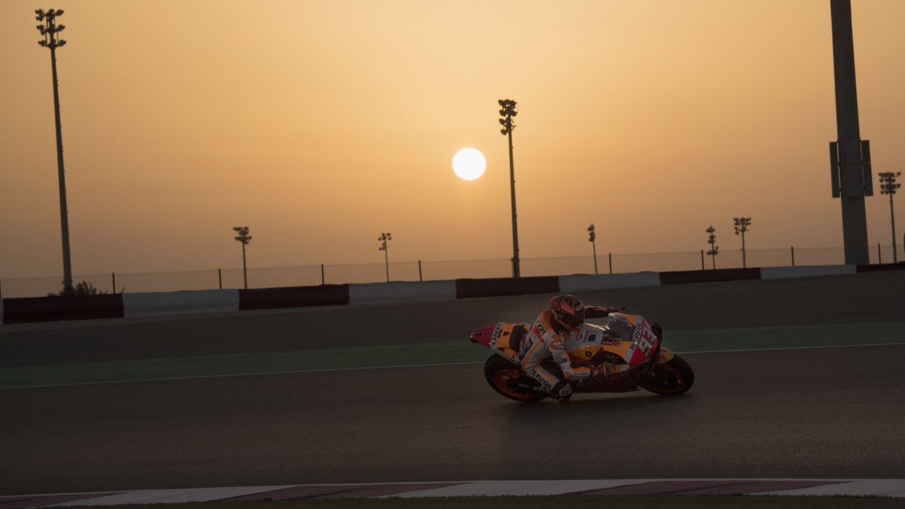 Marc Marquez of Repsol Honda Team rounds the bend during MotoGP tests at the Losail Circuit.