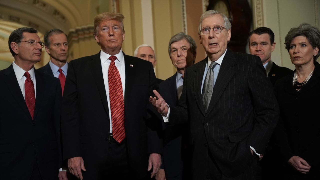 WASHINGTON, DC - JANUARY 09:  U.S. Senate Majority Leader Sen. Mitch McConnell (R-KY) (3rd R) speaks to members of the media as (L-R) Sen. John Barrasso (R-WY), Sen. John Thune (R-SD), President Donald Trump, Vice President Mike Pence, Sen. Roy Blunt (R-MO), Sen. Todd Young (R-IN) and Sen. Joni Ernst (R-IA) listen at the U.S. Capitol after the weekly Republican Senate policy luncheon January 09, 2019 in Washington, DC. Trump met with GOP lawmakers to shore up their resolve and support for his proposed border wall with Mexico as the partial federal government shutdown drags into a third week. (Photo by Alex Wong/Getty Images)