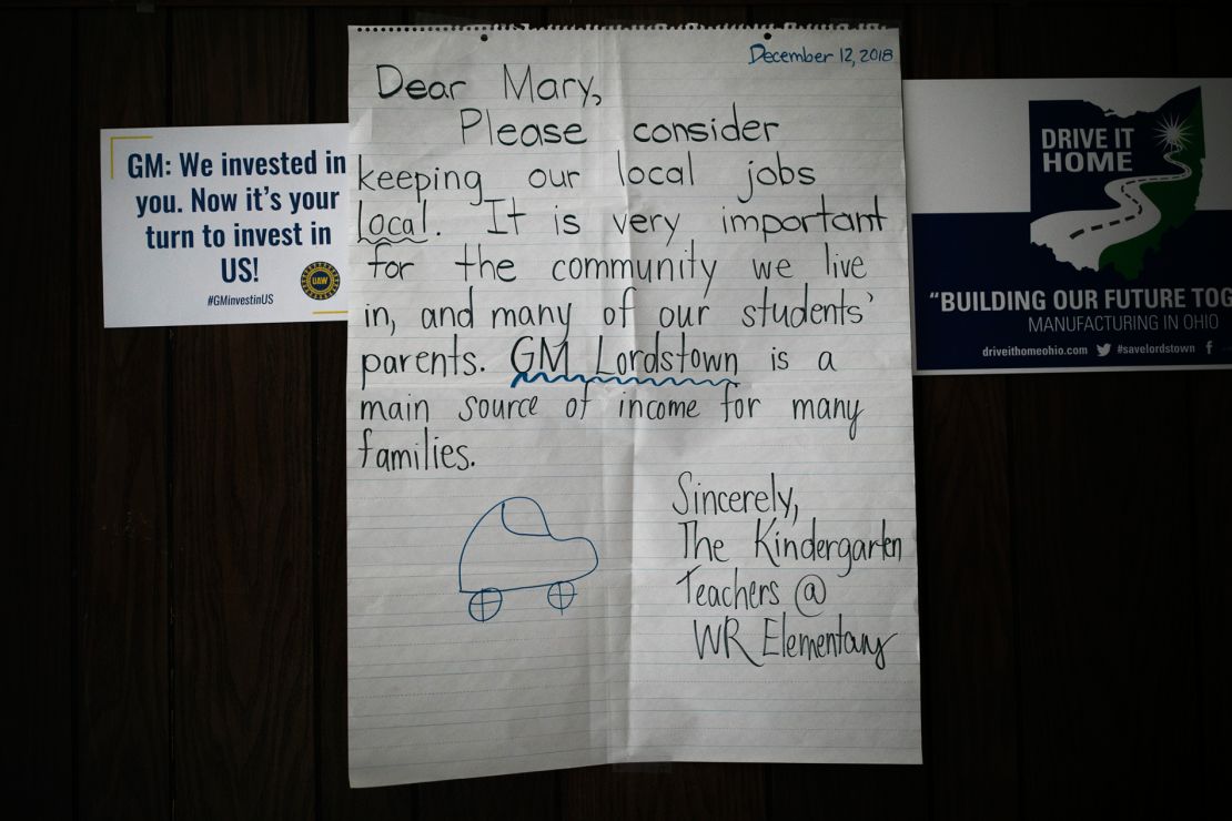 Letters from elementary school kids hang inside the UAW Local 1112 hall in Warren, Ohio.