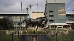 A statue of Zenyatta stands in the paddock gardens area at Santa Anita Park Tuesday, March 5, 2019, in Arcadia, Calif. A person with direct knowledge of the situation says a another horse has died at Santa Anita. The person spoke to The Associated Press on the condition of anonymity Tuesday, March 5, 2019, because the fatality has not been announced publicly. A total of 21 horses have died since the racetrack's winter meet began on Dec. 26 (AP Photo/Jae C. Hong)
