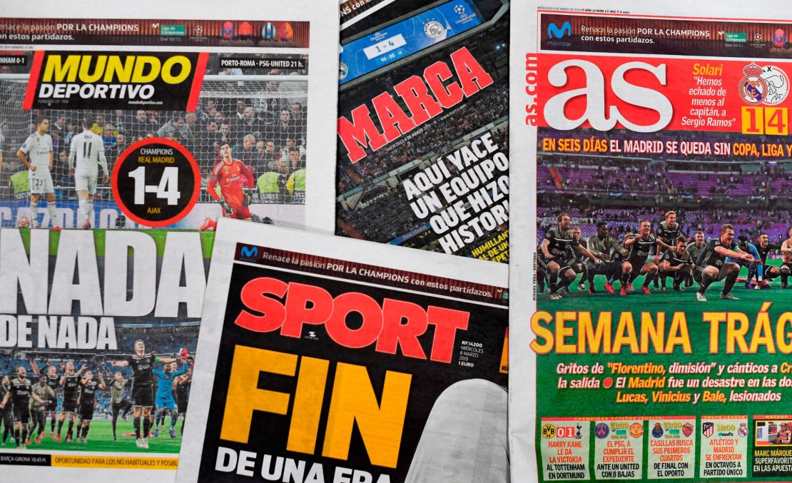 The front pages of Spanish sports newspapers in Madrid after Real's defeat by Ajax.