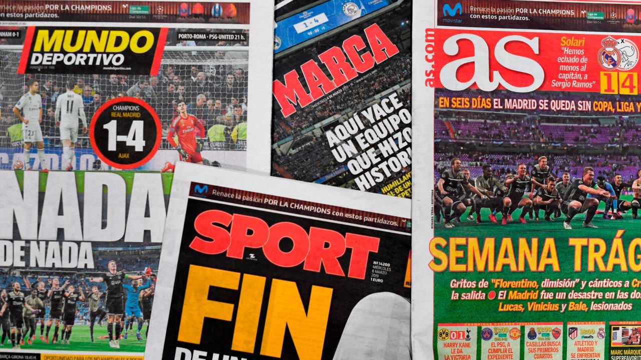 The front pages of Spanish sports newspapers in Madrid after Real's defeat by Ajax.