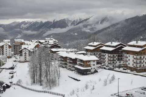 The Rosa Khutor resort in Sochi looks a ghostly, isolated picture after competition is called off due to conditions.