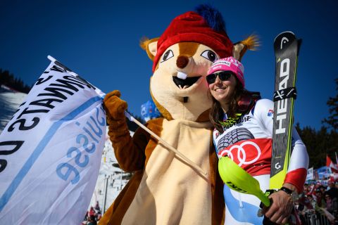 Switzerland's Wendy Holdener poses with a furry mascot during the combined event at Crans-Montana.