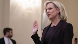Homeland Security Secretary Kirstjen Nielsen is sworn in as she testifies before the House Homeland Security Committee on border security on Capitol Hill in Washington, DC, March 6, 2019. (Photo by Jim WATSON / AFP)        (Photo credit should read JIM WATSON/AFP/Getty Images)