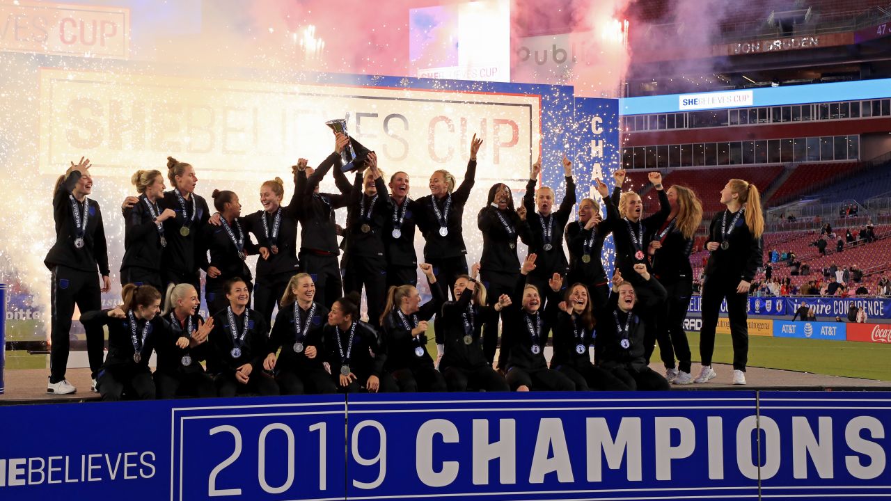 England celebrates winning the SheBelieves Cup at Raymond James Stadium.