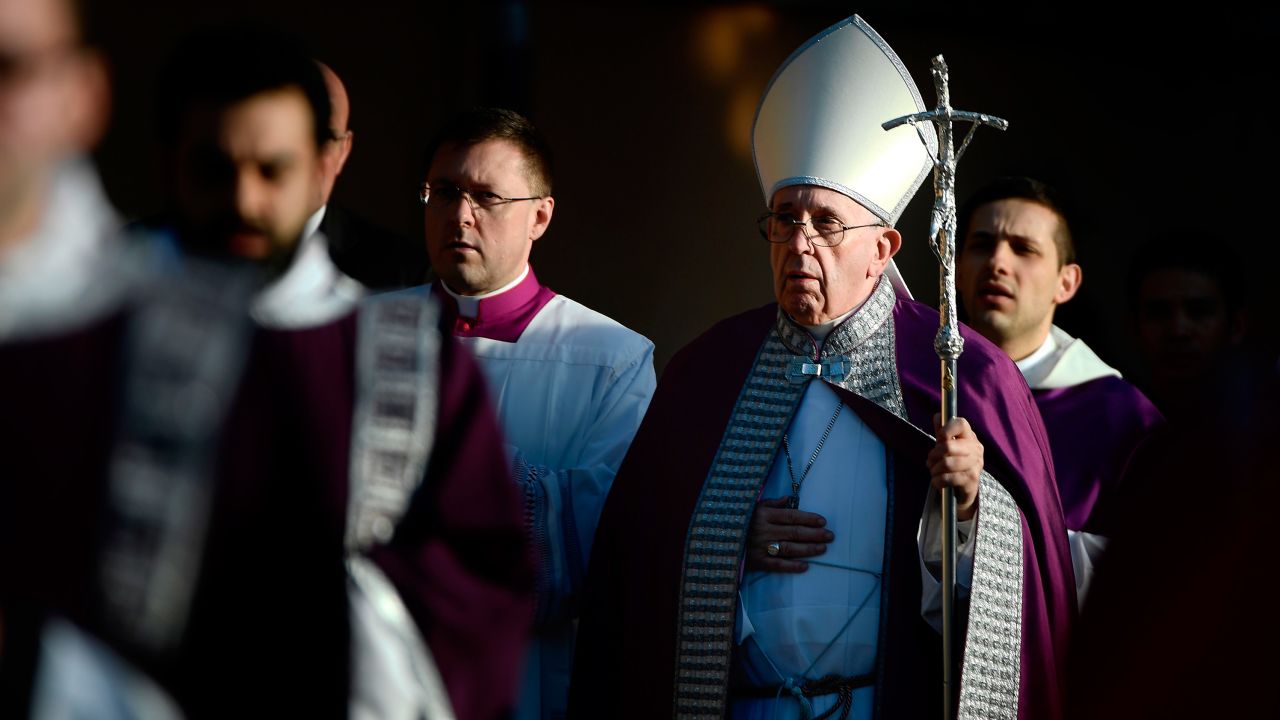 Pope Francis leaves the Basilica of SantAnselmo on March 6, 2019 in Rome.