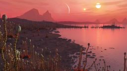 Artist's impression of life on a planet in orbit around a binary star system, visible as two suns in the sky. Credit: Mark Garlick