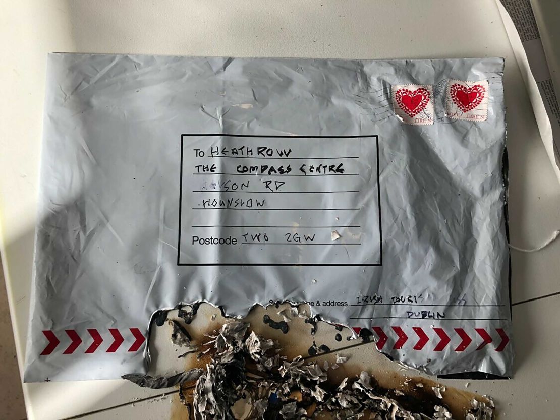 A package sent to Heathrow Airport, which ignited 