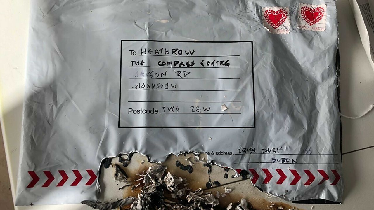 A package sent to Heathrow Airport, which ignited.