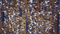 Solar panel debris is seen scattered in a solar panel field in the aftermath of Hurricane Maria in Humacao, Puerto Rico on October 2, 2017.