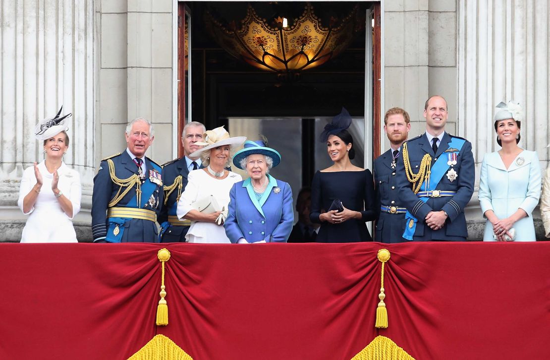 Harry and Meghan with members of the royal family on the balcony of Buckingham Palace.