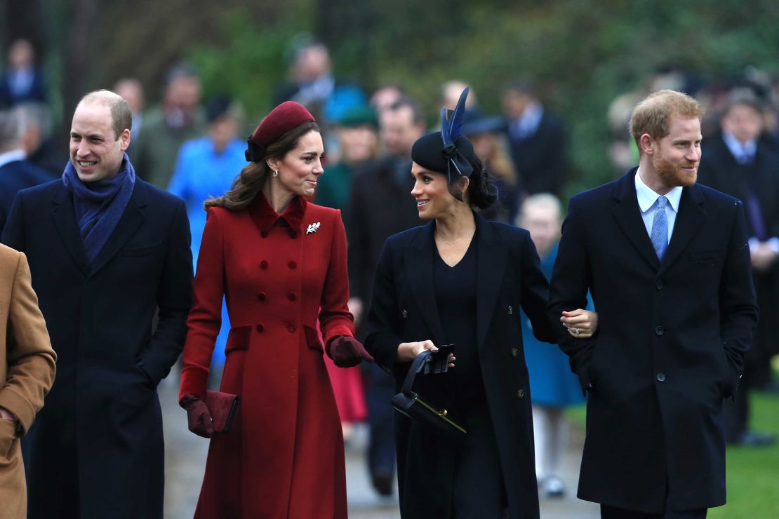 William, Kate, Meghan and Harry attend at the Church of St Mary Magdalene on the Sandringham estate on December 25, 2018.