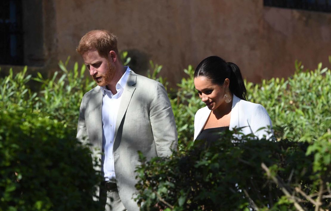 Harry and Meghan walk through the walled public Andalusian Gardens during a visit to Rabat, Morocco in February 2019. 