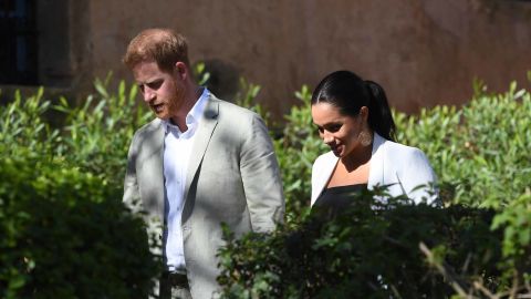 Harry and Meghan walk through the walled public Andalusian Gardens during a visit to Rabat, Morocco in February 2019. 