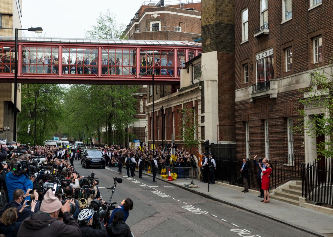 Crowds greet Prince William and the Duchess of Cambridge at the Lindo Wing of St. Mary's Hospital.
