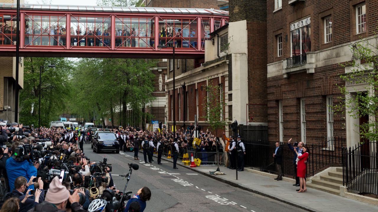 Crowds greet Prince William and the Duchess of Cambridge at the Lindo Wing of St. Mary's Hospital.