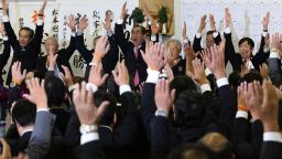 HIMEJI, JAPAN - OCTOBER 22:  Ruling Liberal Democratic Partys newly elected lower house parliament member Takeaki Matsumoto celebrates his victory with supporters on October 22, 2017 in Himeji, Japan. Prime Minister Shinzo Abes Liberal Democratic Party is expected to win with a two-thirds majority according to media reports. (Photo by Buddhika Weerasinghe/Getty Images)