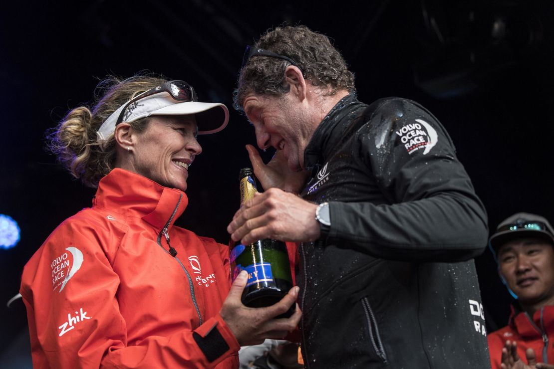 Brouwer and French skipper Charles Caudrelier celebrate after winning the Volvo Ocean Race.