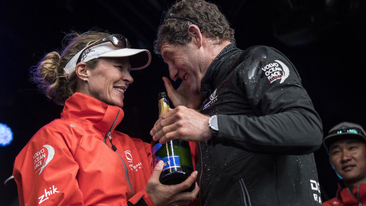 Brouwer and French skipper Charles Caudrelier celebrate after winning the Volvo Ocean Race.