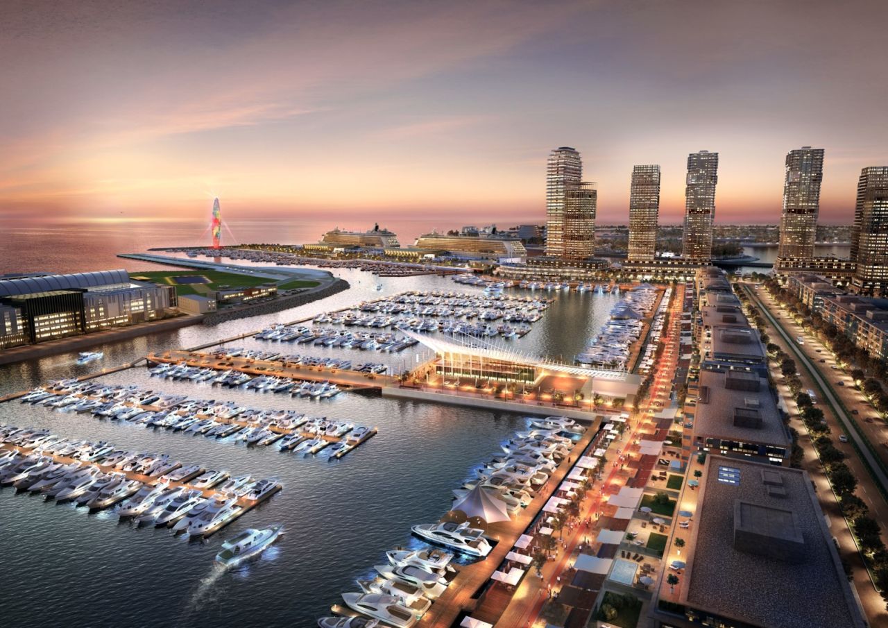 The marina will feature views of the Palm Jumeirah, as well as shops, restaurants, luxury residences, hotels and Dubai Lighthouse, a 150-meter-high feature landmark building, say its developers.
