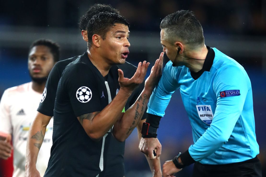 Thiago Silva of PSG remonstrates with the referee after a penalty is awarded to Manchester United.