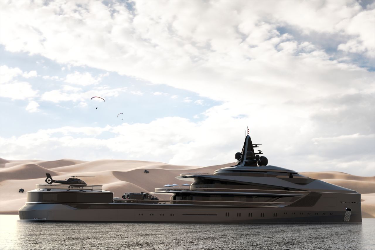Still in the concept phase, the Esquel will be capable of traveling 7,000 nautical miles in a single journey. "Toys" on board will include snowmobiles, a helicopter and a submarine, say Oceanco.