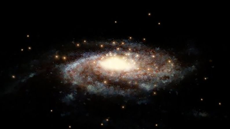 This is an artist's impression of globular star clusters surrounding the Milky Way.