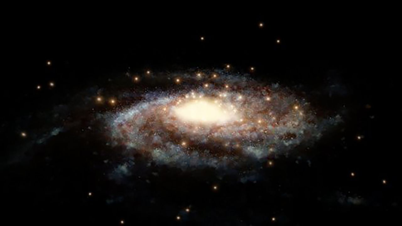 This is an artist's impression of globular star clusters surrounding the Milky Way. 