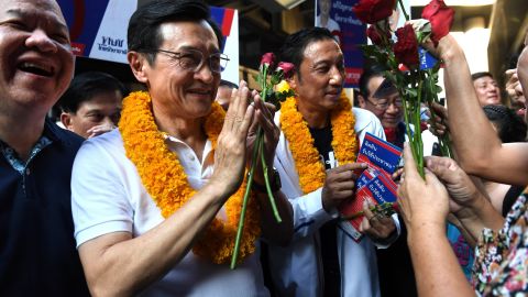 Thai politician Chaturon Chaisang of Thai Raksa Chart Party campaign with local candidates in Bangkok on February 20, 2019.