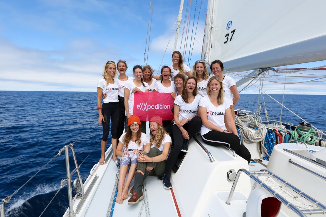 The eXXpedition crew are seen on a sailing boat in the North Pacific Ocean. 