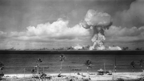 A mushroom cloud forms after the initial atomic bomb test explosion off the coast of Bikini Atoll, Marshall Islands in July 1946.