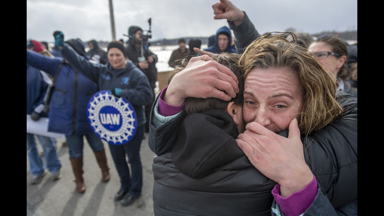 Amy Drennen, right, receives a hug from Pam Clark as people gather in front of a General Motors assembly plant in Lordstown, Ohio, on Wednesday, March 6. <a href="https://www.cnn.com/2019/03/06/economy/gm-lordstown-workers/index.html" target="_blank">The plant was closing down,</a> leaving hundreds without a job.