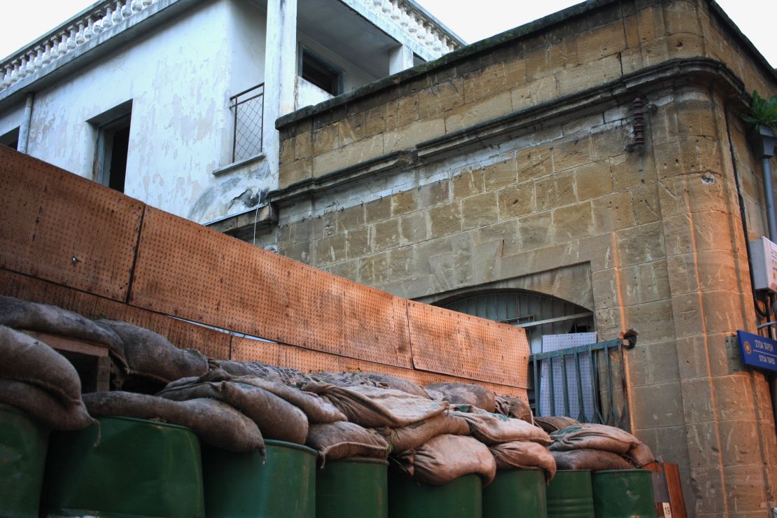 Sandbags fortify the buffer zone that runs through Nicosia's historic center.