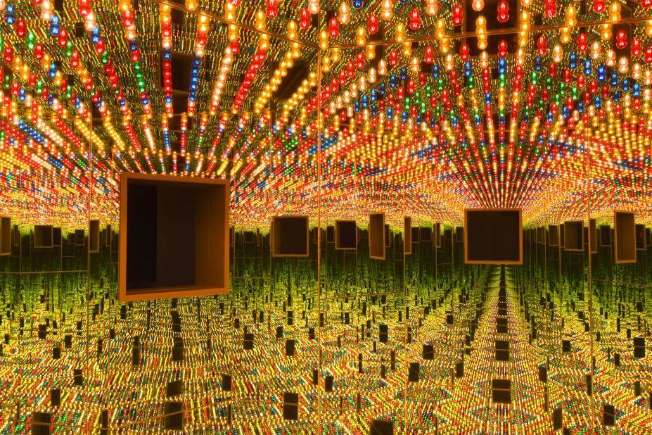 First created in 1966, and remade in 1994, Kusama's "Infinity Mirrored Room -- Love Forever" uses colored light bulbs to produce a kaleidoscopic effect.